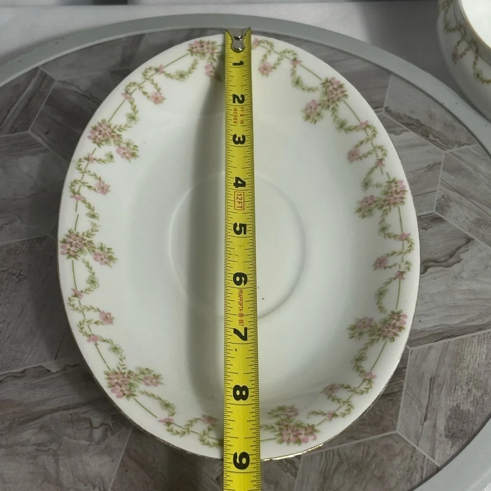 Bavaria Elegant White Delicate Pink Floral Green Garland Gravy Boat with Saucer